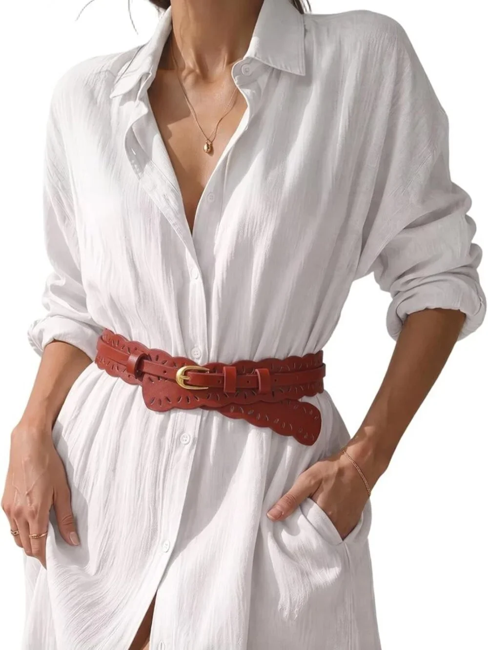 Stylish Wide Leather Belt for Women - 2-in-1 Detachable Hollow Flower Design